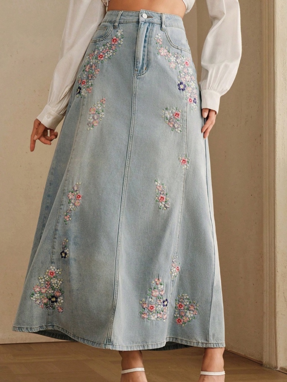 Western Floral Embroidered Mid Waist Denim maxi Skirt
